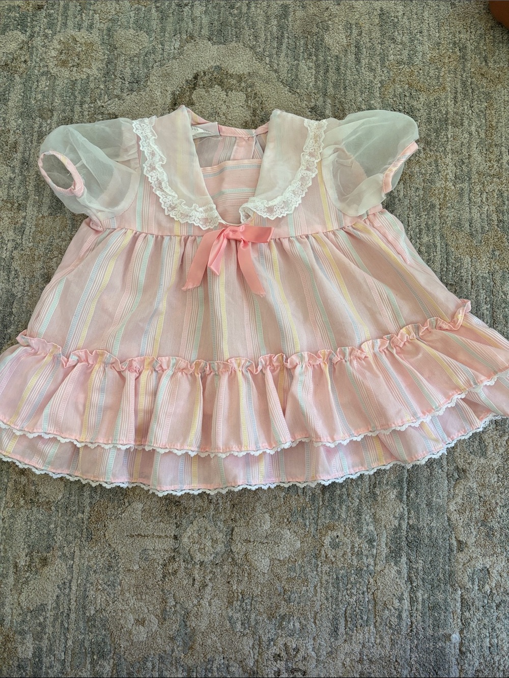Vintage Kalula Kids Pastel Striped Dress 24M Ruffle Lace Sailor Collar Coquette